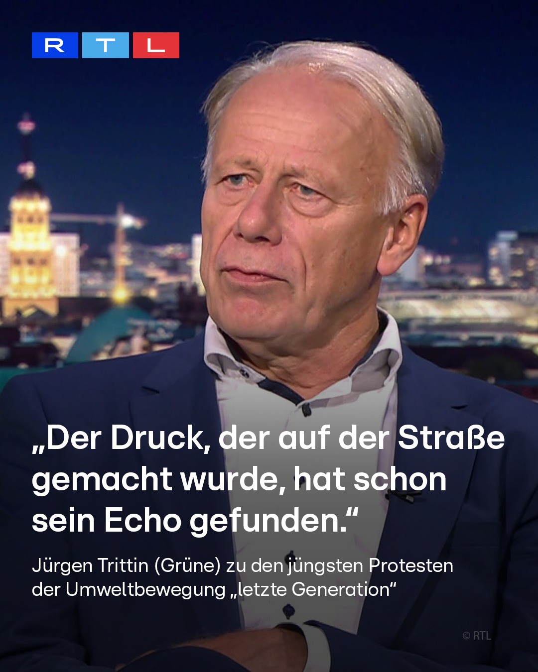 Bild vom früheren Bundesumweltminister der Grünen, Jürgen Trittin. Er sieht den Ausbau der erneuerbaren Energien auch als Erfolg des Drucks von der Straße. Zu den jüngsten Protesten der Umweltbewegung „Letzte Generation“ sagte er bei "RTL Direkt": „Das ist eine Form zivilen Ungehorsams. Ziviler Ungehorsam beruht ja darauf, das Recht gebrochen wird, auch auf die Gefahr, selber sanktioniert zu werden.“ Es sei wichtig, dass Menschen sich engagieren. Er weise aber daraufhin, dass der Bundestag nun das größte Pa