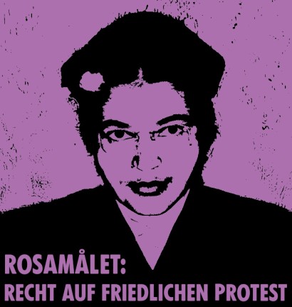 Rosamålet - Recht auf friedlichen Protest. Das Bild zeigt ein stilisiertes Porträt von Rosa Parks im Pop-Art-Stil, der ikonischen amerikanischen Bürgerrechtsaktivistin.